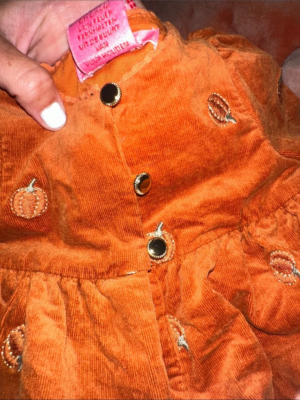 Isaac Mizrahi Rust Velvet Baby Romper with Pumpkin Embroidery